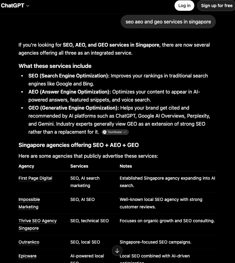 ChatGPT's answer to "aeo and geo services in singapore" in July 2026, naming four other agencies and not &7. The baseline this playbook is working to change.