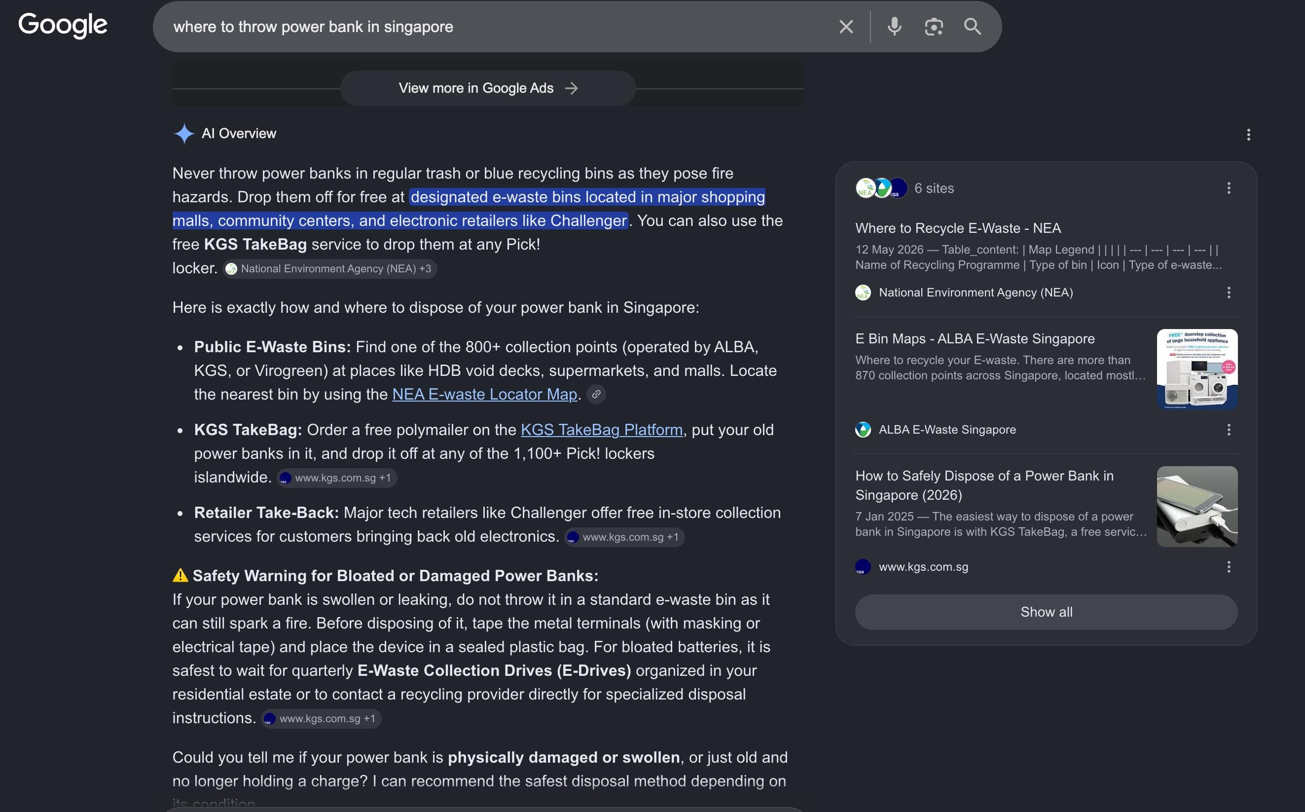 Google's AI Overview for "where to throw power bank in singapore" citing &7 client KGS alongside the National Environment Agency, July 2026.