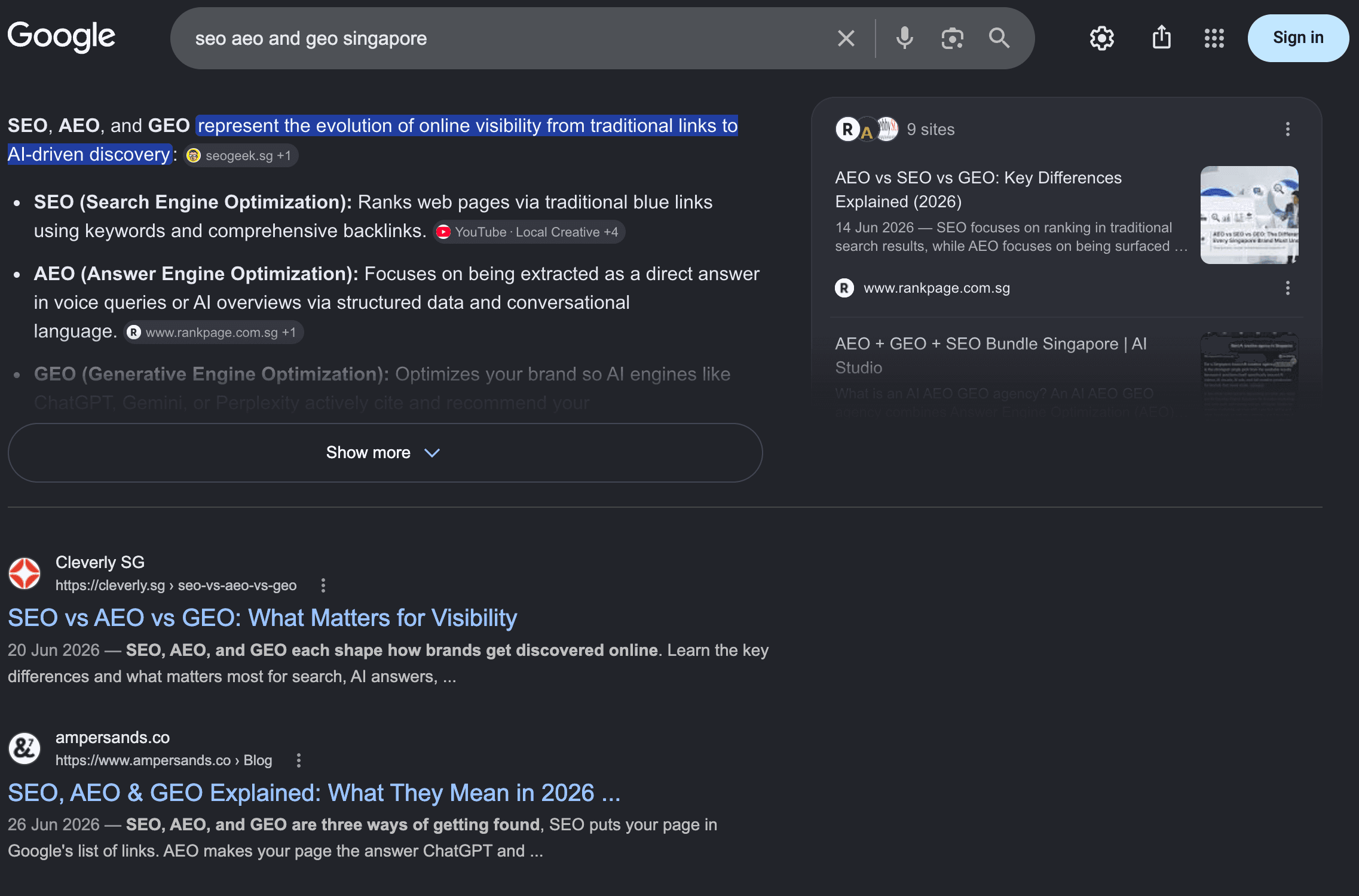 &7's explainer post ranking on the first page of Google for "seo aeo and geo singapore", July 2026.
